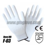 Thin White PU Coated Gloves, Polyester Seamless Wrist Knit