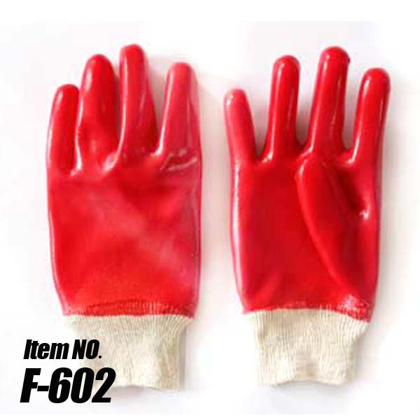 Red PVC Coated Gloves, Jersey Lined, Knit Wrist
