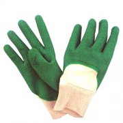 White Cotton Interlock, 3/4 Green Latex Dipped Gloves,Crinkle, Knit Wrist