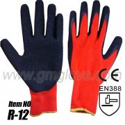 Red nylon latex palm coated gloves black thin coating