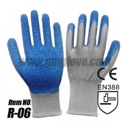 13G Nylon Liner Blue Natural Rubber Dipped Hand Gloves, Crinkle