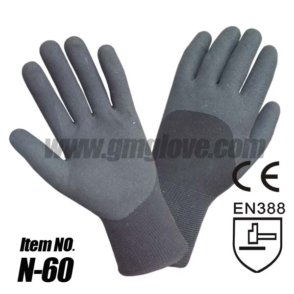 Nitrile Coated Nylon Work Gloves, Terry-Nylon Double Liner Brushed, Sandy finish